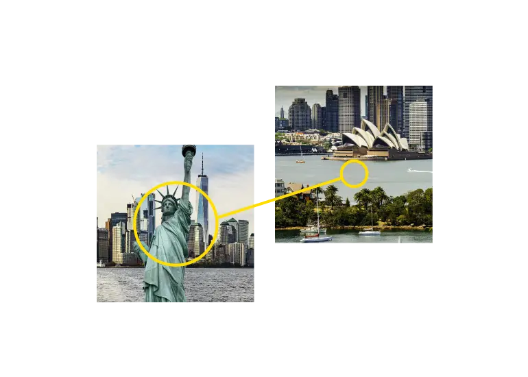 A yellow line connecting the Statue of Liberty in New York and the Sydney Opera House in Australia.