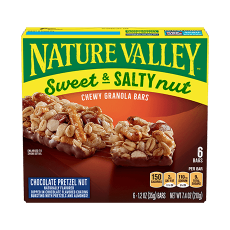 Nature Valley Chocolate Pretzel Nut Sweet & Salty Granola Bars, front of 6 bar box.