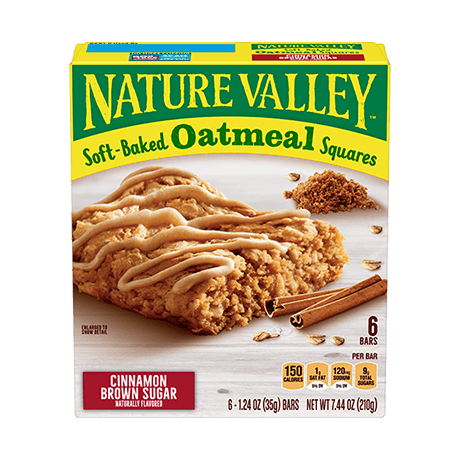 Nature Valley Cinnamon Brown Sugar Soft-Baked Oatmeal Squares, front of 6 bar box.