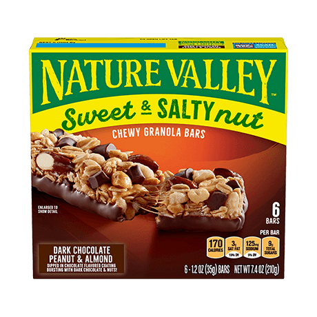 Nature Valley Dark Chocolate, Peanut & Almond Sweet & Salty Nut Chewy Granola Bars, front of 6 bar box.