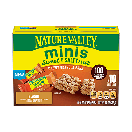 Nature Valley Peanut Minis Sweet & Salty Nut Chewy Granola Bars, front of 10 bar box.