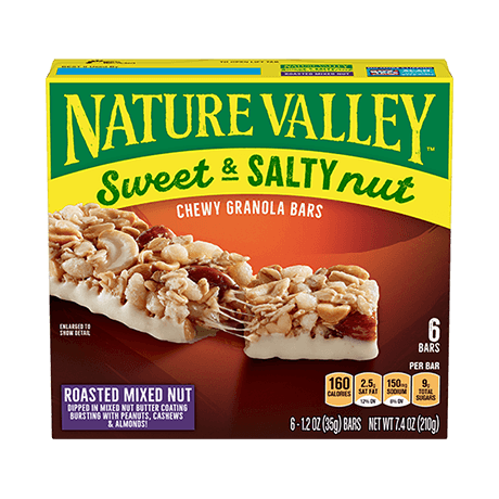 Nature Valley Roasted Mixed Nut Sweet & Salty Granola Bars, front of 6 bar box.