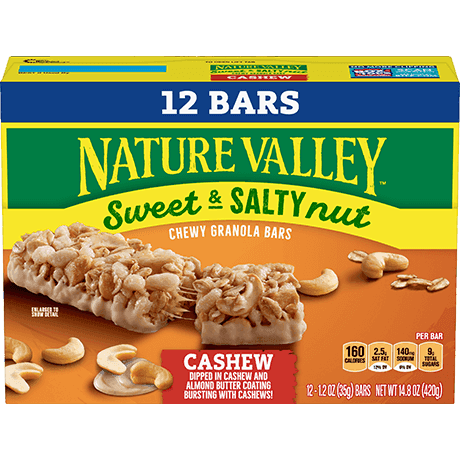 Nature Valley Cashew Sweet & Salty Chewy Granola Bars, front of 12 bar box.