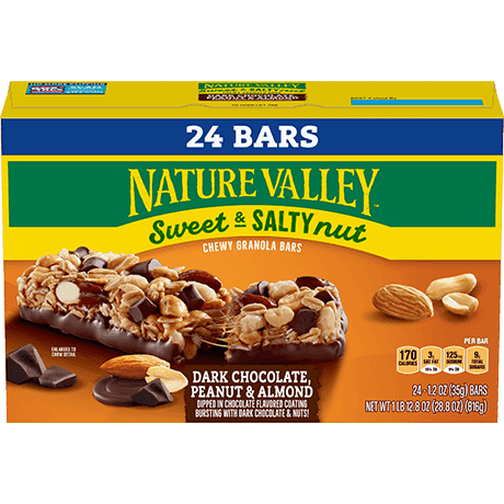 Nature Valley Dark Chocolate, Peanut & Almond Sweet & Salty Nut Chewy Granola Bars, front of 24 bar box.