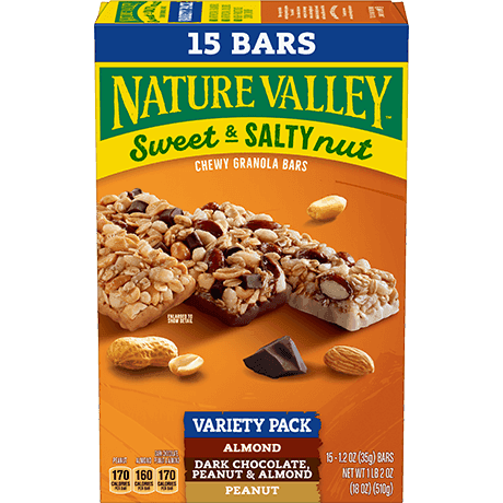 Nature Valley Sweet & Salty Nut Chewy Granola Bars, front of 15 bar variety box.