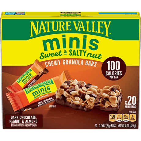 Nature Valley Dark Chocolate, Peanut & Almond Minis Sweet & Salty Nut Chewy Bars, front of 20 bar box.