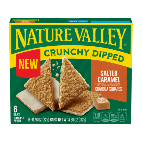 Nature Valley Salted Caramel Crunchy Dipped Granola Squares, front of 6 bar box.