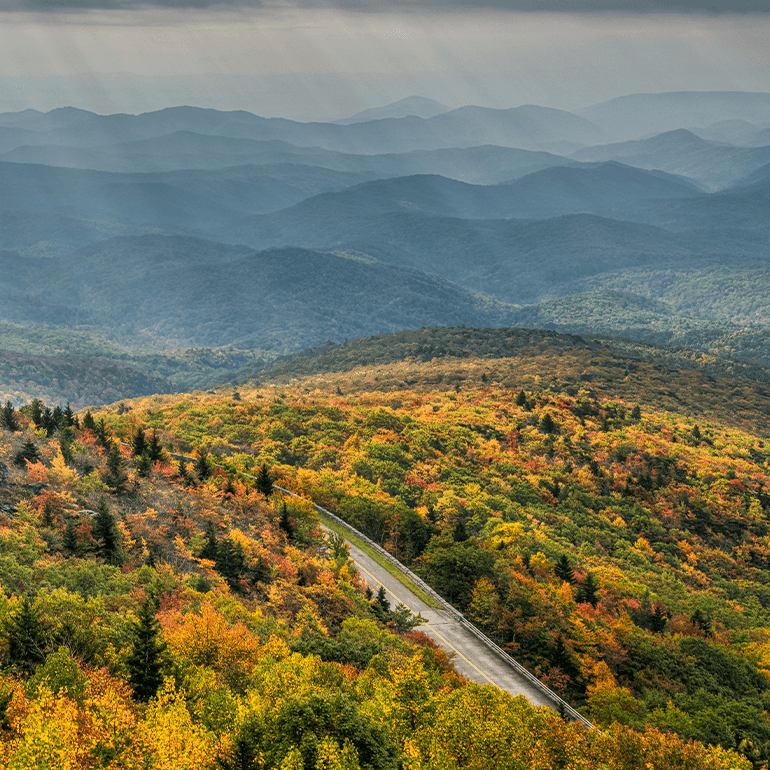 Blue Ridge Parkway with trees changing to fall colors on both sides and hills in the background.