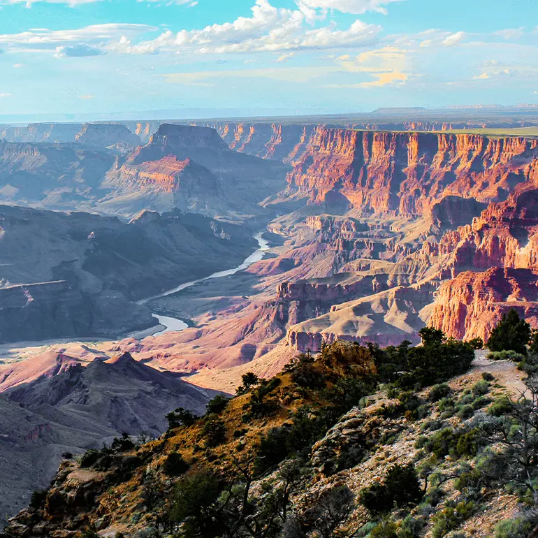 View of a large portion of the canyon in Grand Canyon National Park.