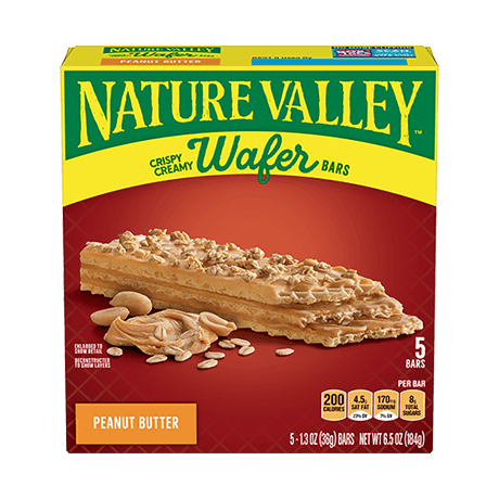 Nature Valley Peanut Butter Crispy Creamy Wafer Bars, front of 5 bar box.