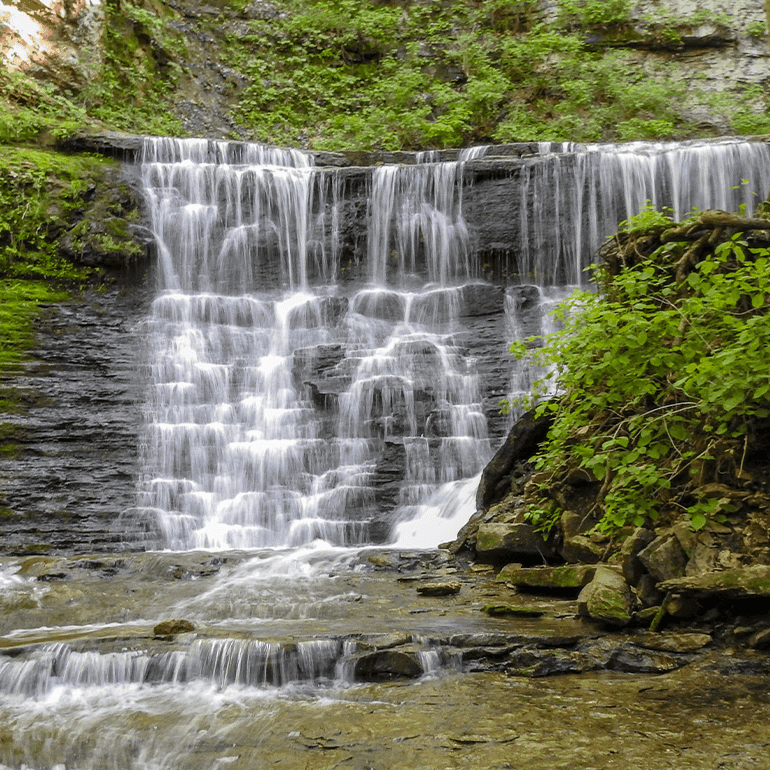 Waterfall surrounded by greenery on the Natchez Trace National Scenic Trail.