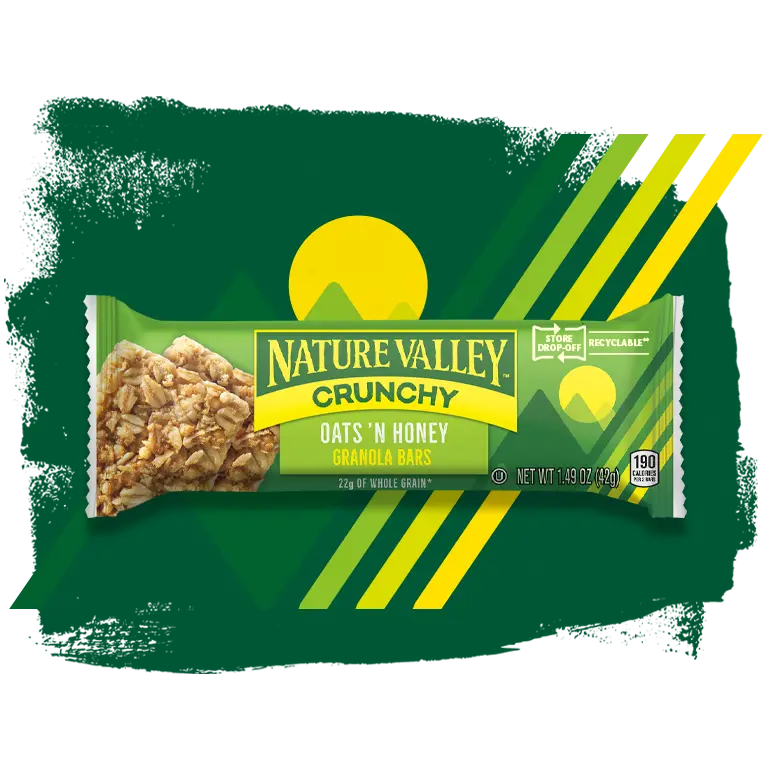 Illustrated mountains and sun graphic with individual package of a Nature Valley Oats 'N Honey Granola Bar.
