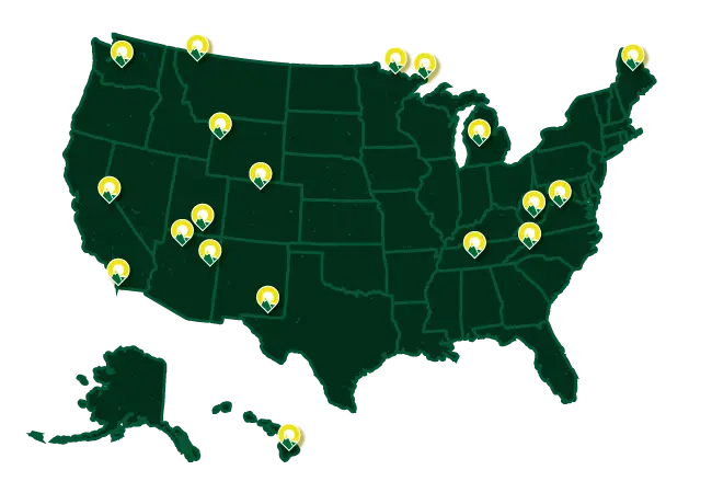 A map of the United States with 19 pins in locations where Nature Valley donations have helped park restorations.