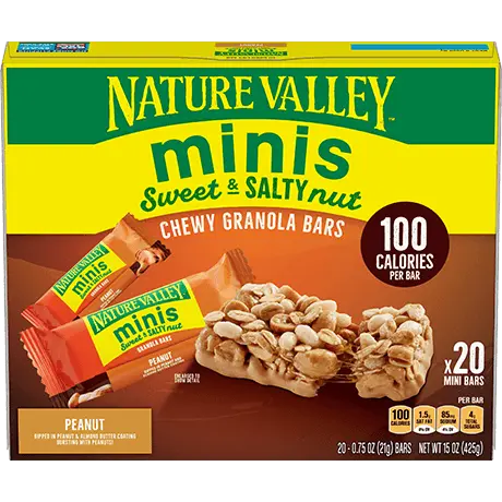 Nature Valley Peanut Minis Sweet & Salty Nut Chewy Granola Bars, front of 20 bar box.