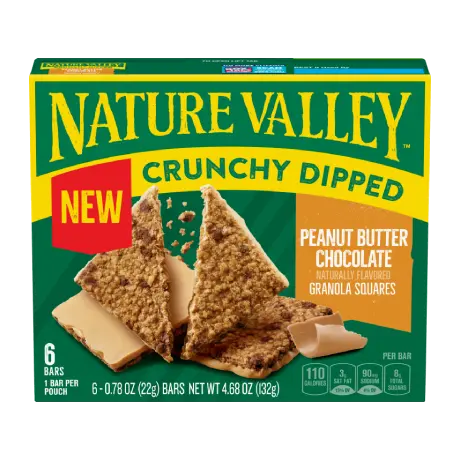 Nature Valley Peanut Butter Chocolate Crunchy Dipped Granola Squares, front of 6 bar box.