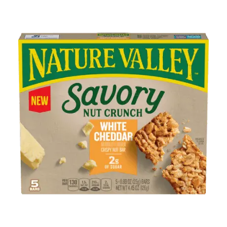 Nature Valley Savory Nut Crunch, White Cheddar, front of 5 bar box.