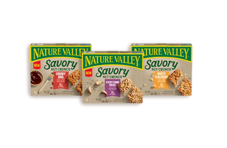 A shot of Nature Valley Savory Nut Crunch bars, Smoky BBQ, Everything Bagel and White Cheddar.