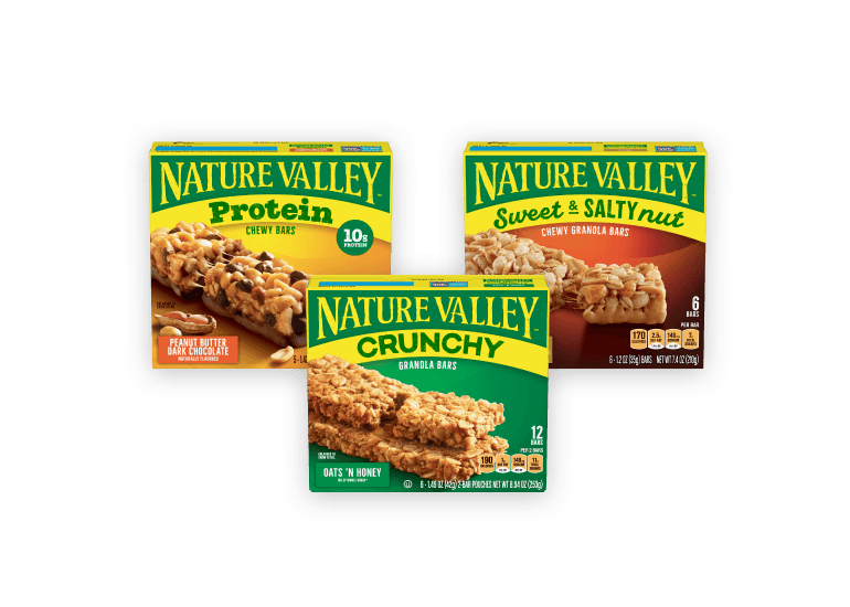 Three boxes of Nature Valley bars: Protein, Crunchy, and Sweet & Salty Nut.