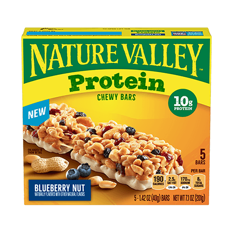 Nature Valley Blueberry Nut Protein Chewy Bars, front of 5 bar box.