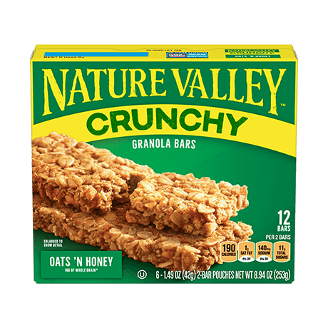 Nature Valley Crunchy Oats 'N Honey Granola Bars, front of 12 bar box.