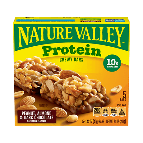 Nature Valley Peanut, Almond & Dark Chocolate Protein Chewy Bars, front of 5 bar box.