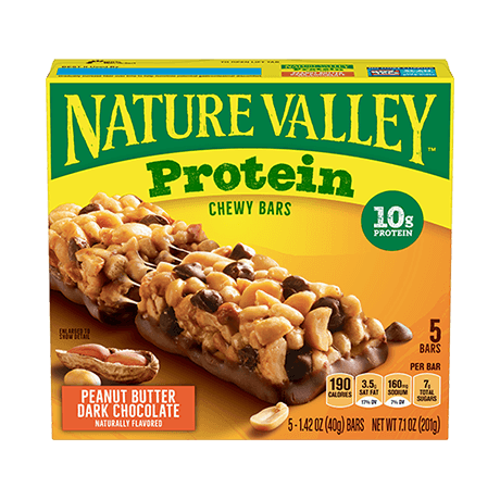 Nature Valley Peanut Butter Dark Chocolate Protein Chewy Bars, front of 5 bar box.