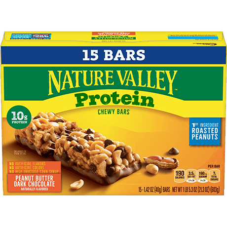 Nature Valley Peanut Butter Dark Chocolate Protein Chewy Bars, front of 15 bar box.