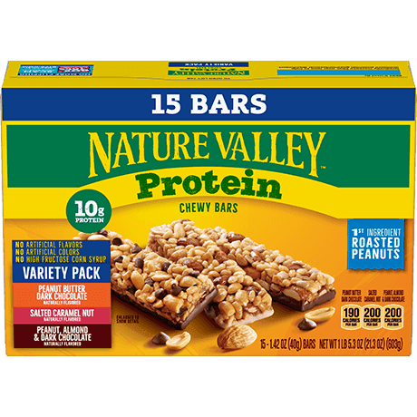 Nature Valley Peanut Butter, Dark Chocolate, Salted Caramel Nut, Almond & Protein Chewy Bars, front of 15 bar variety box.