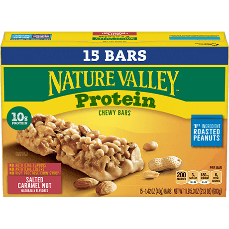 Nature Valley Salted Caramel Nut Protein Chewy Bars, front of 15 bar box.