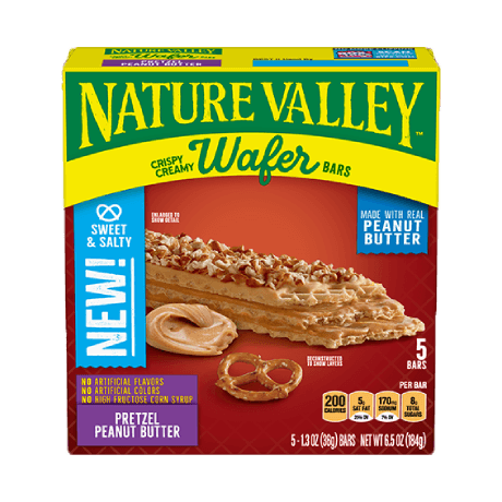 Nature Valley Pretzel Peanut Butter Wafer Bars, front of 5 bar box.