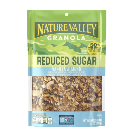 Nature Valley Reduced Sugar Vanilla Almond Granola, front of 11 oz. bag.