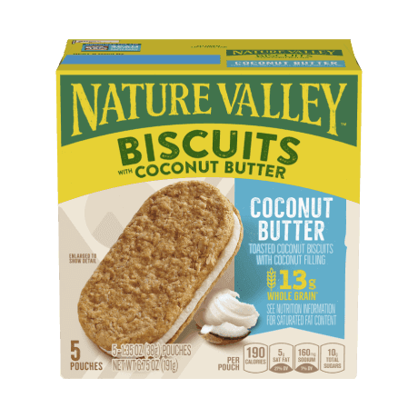 Nature Valley Coconut Butter Biscuit Sandwiches, front of 5 bar box.
