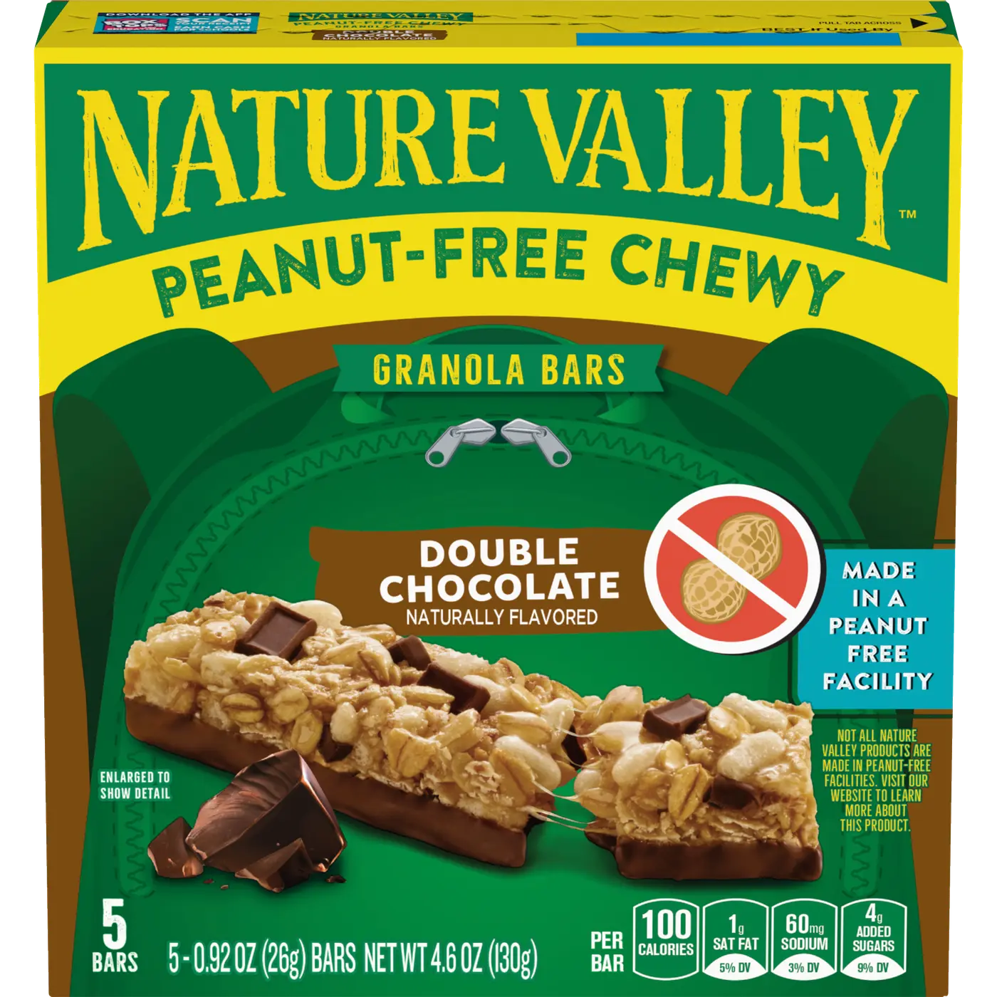 Nature Valley Peanut-Free Chewy Granola Bars, Double Chocolate, Made in a Peanut Free Facility, 5 Bars, 4.6 oz, front of package