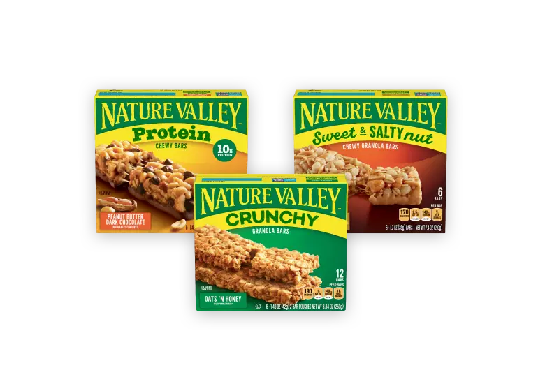 Three boxes of Nature Valley bars: Protein, Crunchy, and Sweet & Salty Nut.