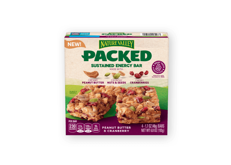 Nature Valley Packed Sustained Energy Bars, Peanut Butter & Cranberry, front of 4 bar box.