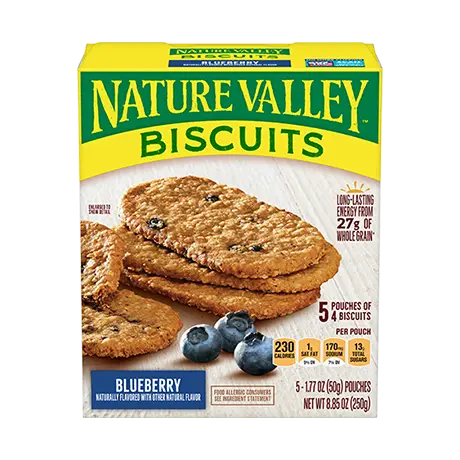 Nature Valley Blueberry Biscuits, front of 5 pouch box.