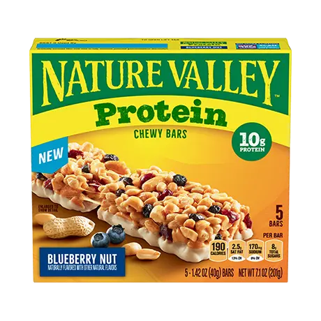 Nature Valley Blueberry Nut Protein Chewy Bars, front of 5 bar box.