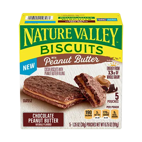 Nature Valley Chocolate Peanut Butter Biscuit Sandwiches, front of 5 pouch box.