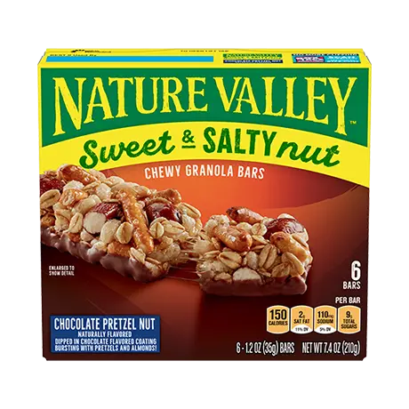 Nature Valley Chocolate Pretzel Nut Sweet & Salty Granola Bars, front of 6 bar box.