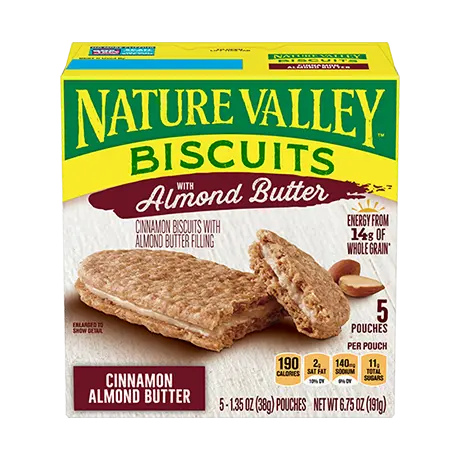 Nature Valley Cinnamon Almond Butter Biscuit Sandwiches, front of 5 pouch box.