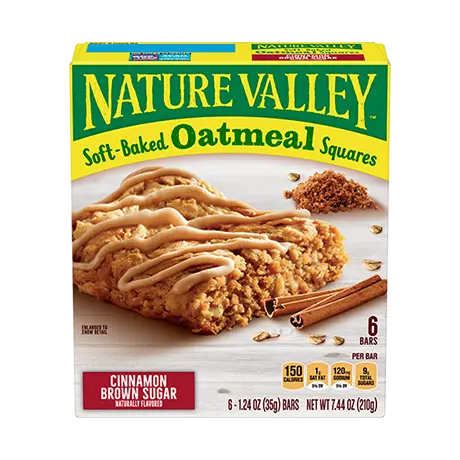 Nature Valley Cinnamon Brown Sugar Soft-Baked Oatmeal Squares, front of 6 bar box.