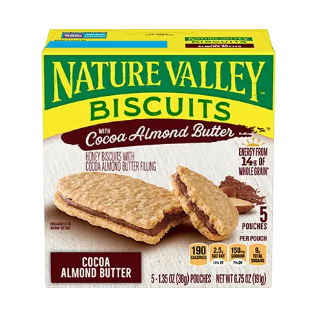 Nature Valley Cocoa Almond Butter Biscuit Sandwiches, front of 5 pouch box.