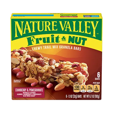 Nature Valley Cranberry & Pomegranate Fruit & Nut Chewy Trail Mix Granola Bars, front of 6 bar box.