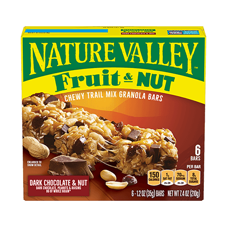 Nature Valley Dark Chocolate & Nut Chewy Trail Mix Granola Bars, front of 6 bar box.