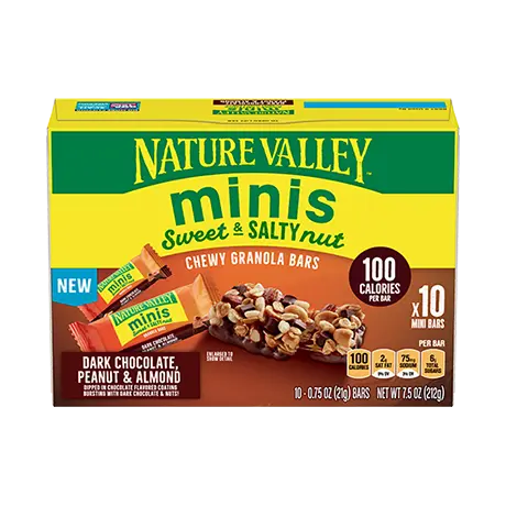 Nature Valley Minis Dark Chocolate, Peanut & Almond Sweet & Salty Nut Chewy Granola Bars, front of 10 bar box.