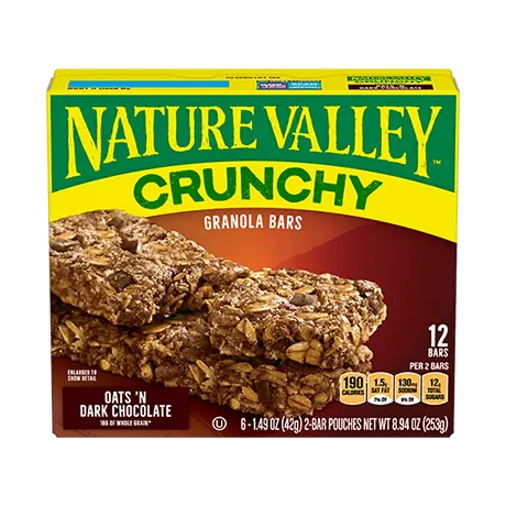 Nature Valley Oats ‘N Dark Chocolate Crunchy Granola Bars, front of 12 bar box.
