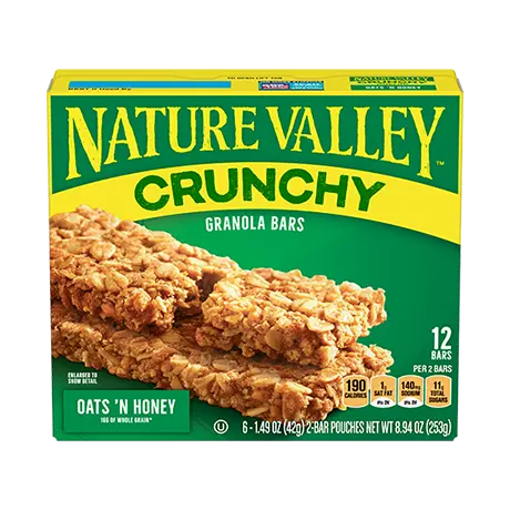 Nature Valley Crunchy Oats 'N Honey Granola Bars, front of 12 bar box.