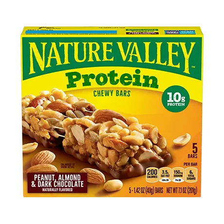 Nature Valley Peanut, Almond & Dark Chocolate Protein Chewy Bars, front of 5 bar box.