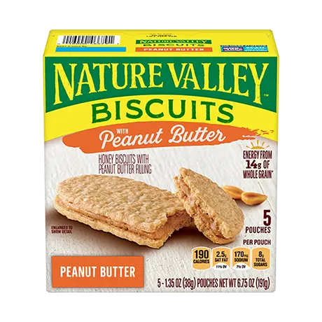 Nature Valley Peanut Butter Biscuit Sandwiches, front of 5 pouch box.