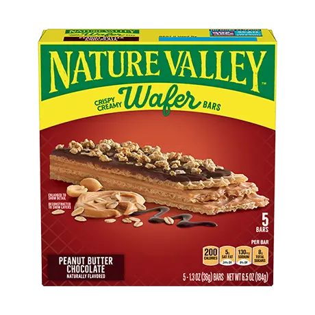 Nature Valley Peanut Butter Chocolate Crispy Creamy Wafer Bars, front of 5 bar box.